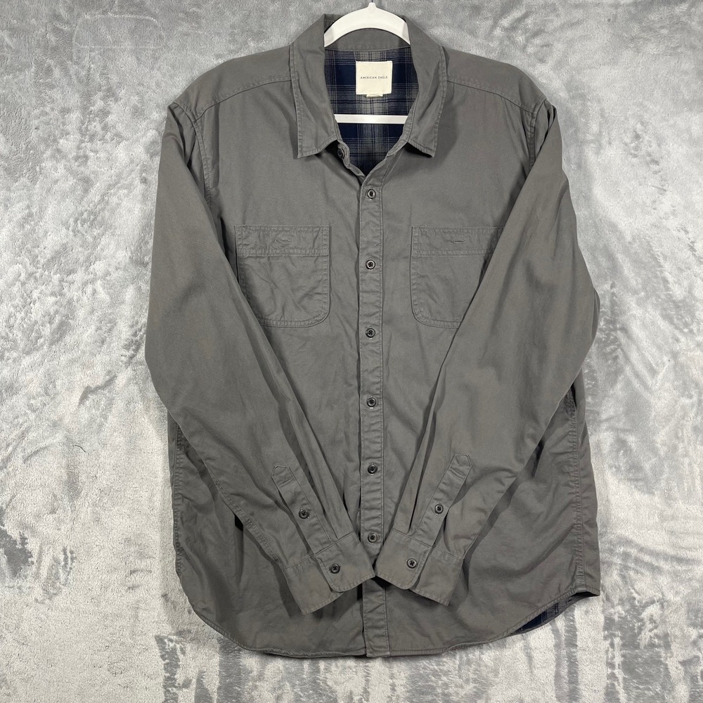 American Eagle Outfitters Men's Gray Plaid flannel Lined‎ Button Up Shirt XL